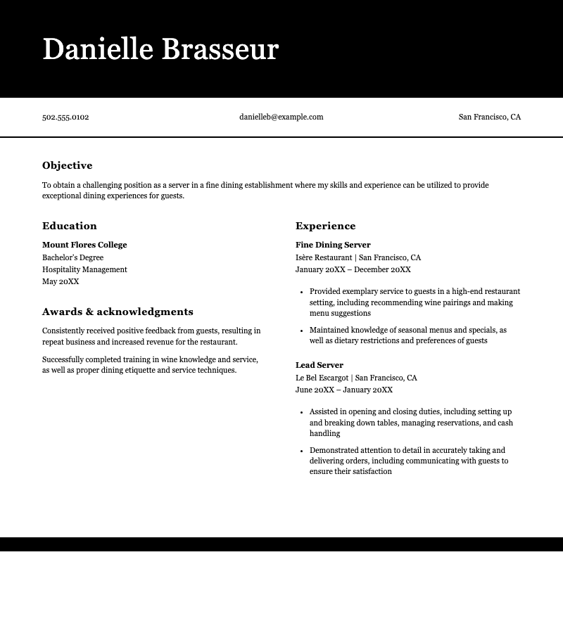 Simple resume  - Elegant black-header CV for hospitality professionals showcasing experience, education and awards in a two-column layout.